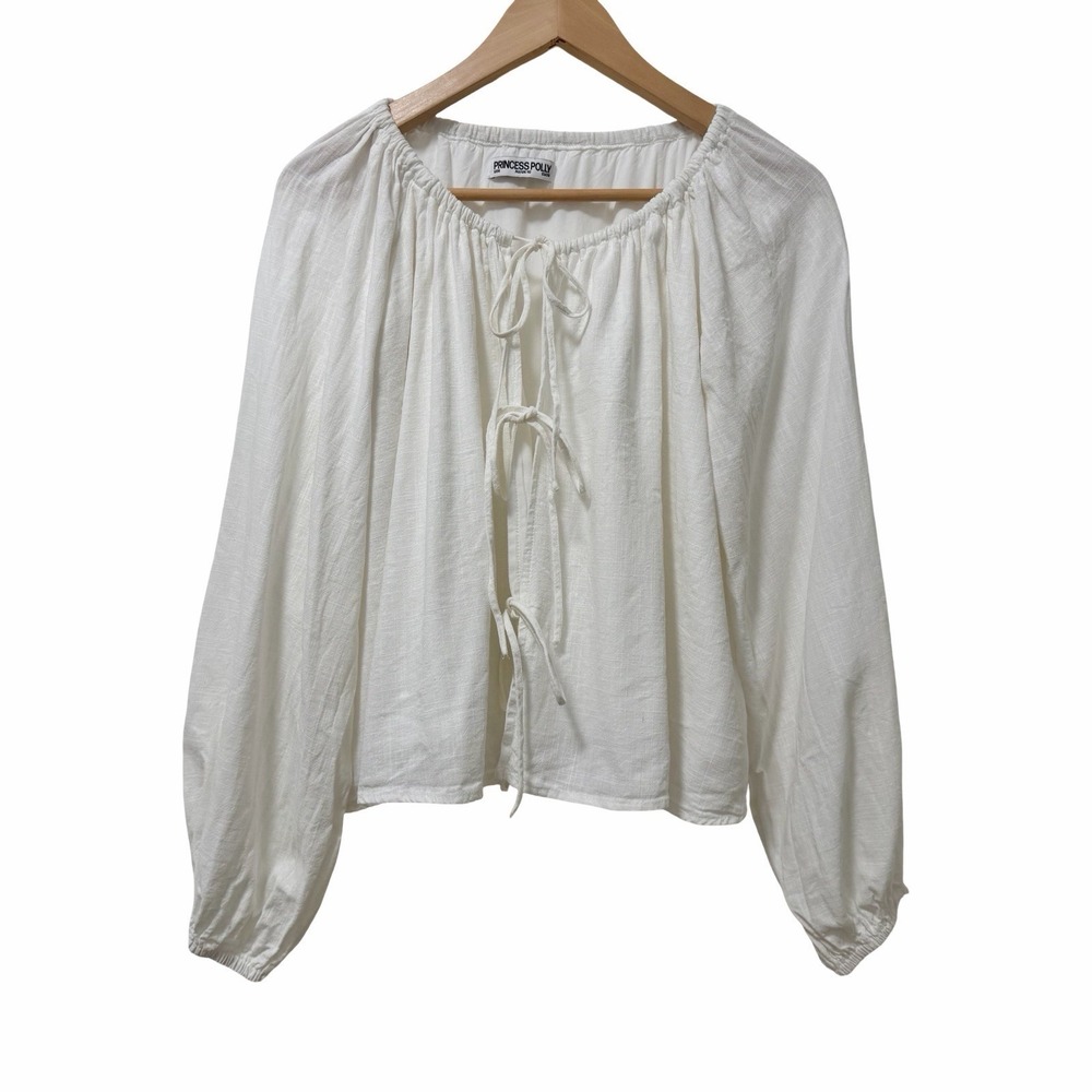 Princess Polly Womens Somebody Else Linen Blend Tie Front Top US 6 White Cottage